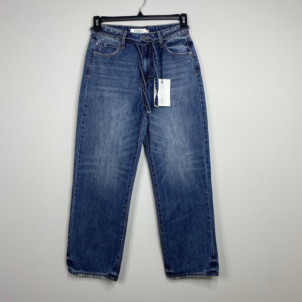 Hidden Ella Wide Leg Straight Jeans 25 High Rise Cropped Tie Waist Medium Wash‎